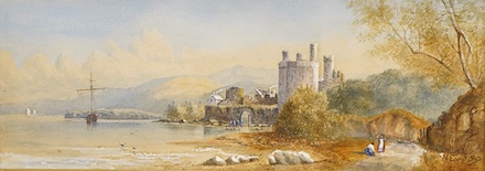 Henry Earp Snr. (1831-1914), Lakeside landscape with castle, signed, watercolour heightened with white, 14.5 x 40cm